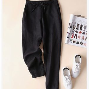 100% Linen Black Drawstring Pants